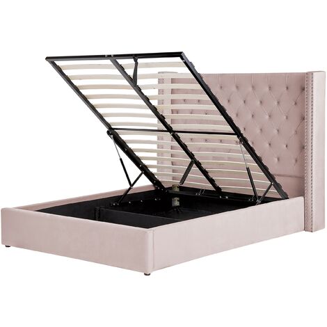 Cama con almacenaje de terciopelo rosa plateado 140 x 200 cm cabecero Lubbon - Plateado