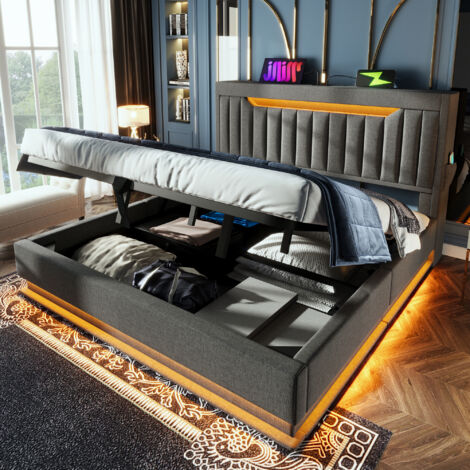 Cama con almacenaje para adultos de 160×200 cm, iluminación LED, cabecero con almacenaje, puertos USB y USB-C, somier de láminas tapizado, colchón no incluido, ropa de cama de lino, gris