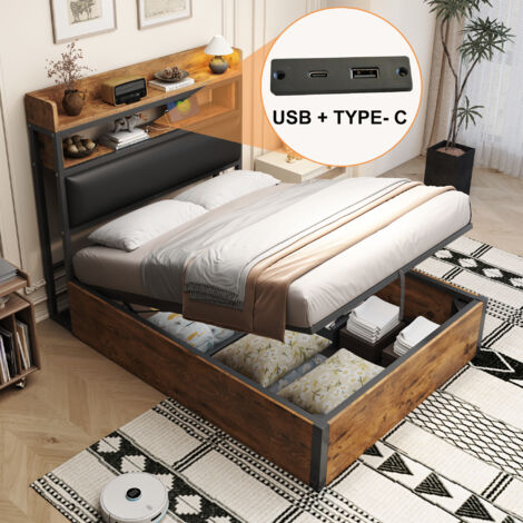 Cama con almacenaje para adultos de 90x200 cm, hidráulica, con cabecero acolchado y puerto USB, de MDF, colchón no incluido, color marrón
