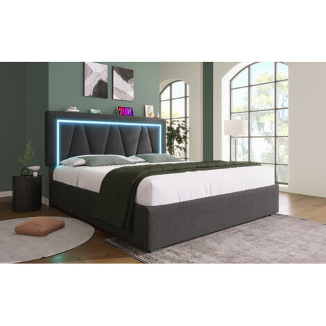 Cama con almacenaje tapizada en lino gris 160x200 cm con colchón, LED, USB-C y somier de láminas