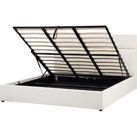Cama con almacenaje y cabecero de tela 180 x 200 cm muebles de dormitorio tapicería de poliéster blanco crema Lagord