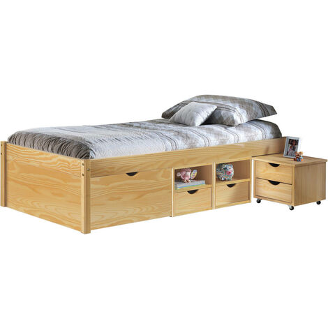 Cama con almacenaje y mesita de noche con ruedas en pino macizo acabado natural