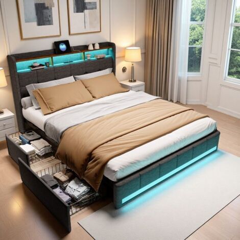 Cama con almacenamiento - 140x190 cm - Gris - LED integrada - 4 cajones
