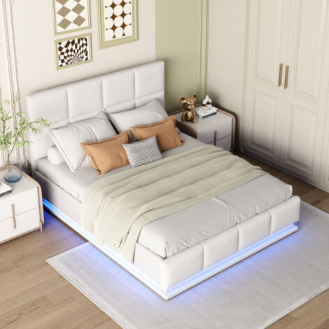 Cama con almacenamiento 140x200 cm - Cama infantil con iluminación LED, base de lamas, revestimiento de imitación de cuero - Blanco - Sin colchón