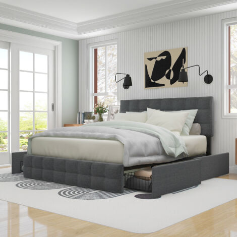 Cama con almacenamiento 140x200 cm con 4 cajones y somier, cabecero regulable, moderna, lino, gris(Sin colchón)