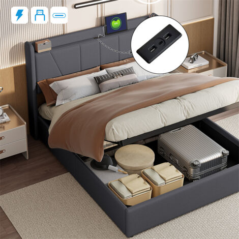 FORTUNA LAI Cama con almacenamiento 140x200cm - matrimonial acolchado con somier de láminas, cabecero con LED y compartimento para cargador - tejido de lino gris