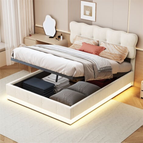FORTUNA LAI Cama con almacenamiento 140x200cm - matrimonial LED acolchado con somier de láminas, cabecero con compartimento para cargador, franela - blanco