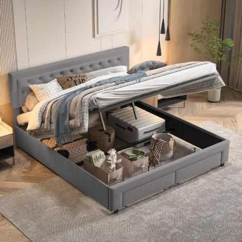 FORTUNA LAI Cama con almacenamiento 160x200cm - matrimonial en tejido de terciopelo con 2 cajones, somier de láminas y cabecero - diseño de botones - gris