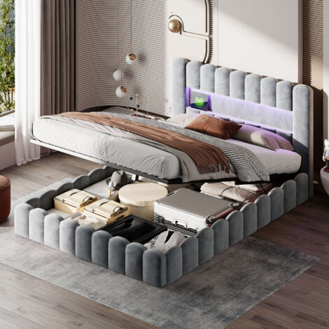 FORTUNA LAI 160x200cm - matrimonial LED acolchado con somier de láminas, cabecero con compartimento para cargador, franela - blanco