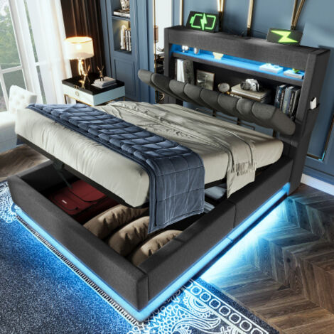 Cama con almacenamiento 90x200 cm cama infantil con cabecero, puerto de carga USB y USB-C, iluminación LED, ropa de cama, sin colchón, gris