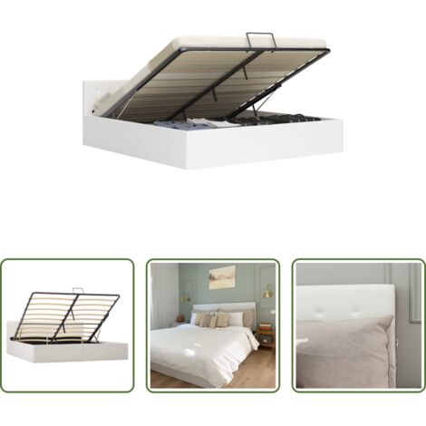 Cama con almacenamiento -  Cama canapé hidráulica cuero sintético blanco 180x200 cm