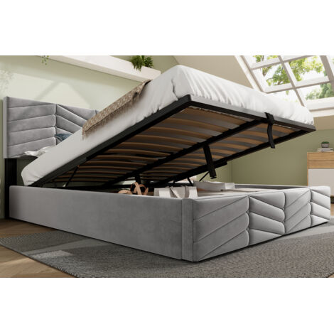 Cama con almacenamiento cama doble adulto acolchada 140x200 cm con cabecero regulable en altura, terciopelo, gris