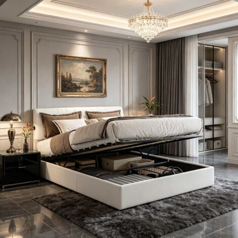 Cama con almacenamiento de 140x190cm – Beige – Suave tejido polar – Puerto USB – Cabecero tapizado – Almacenamiento hidráulico – Somier de láminas – Diseño moderno y confortable