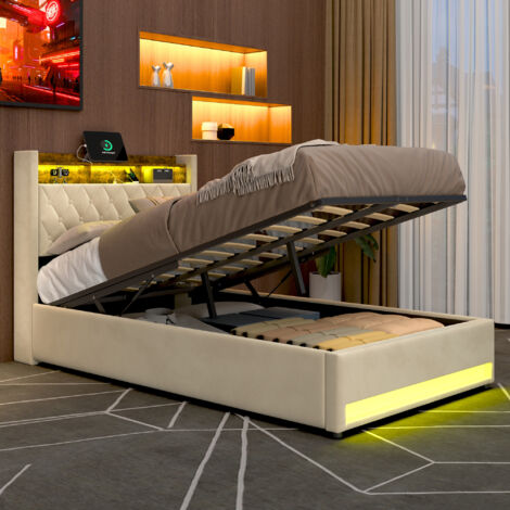 Cama con almacenamiento de 140x200 cm, cama doble para adultos con LED, puerto USB, somier de láminas, terciopelo beige