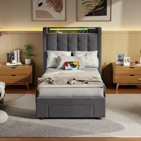 Cama con almacenamiento de 90x200 cm con iluminación LED, 1 cajón y puerto USB, terciopelo gris (colchón no incluido)