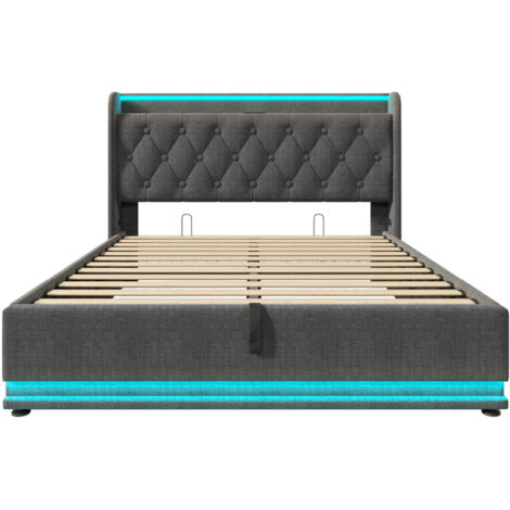 Cama con almacenamiento de lino gris 160x200 cm, LED 360°, cabecero tapizado con USB y Tipo-C, somier de láminas incluido