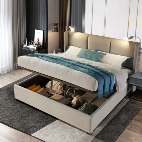 FORTUNA LAI Cama con almacenamiento LED 160x200cm - con somier de láminas y cabecero ajustable RGB, puertos USB, PU beige