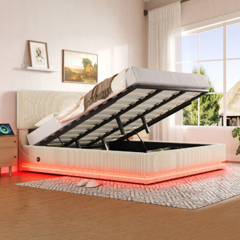 Cama con almacenamiento LED de 180x200 cm con USB-C, cama tapizada para adultos, base de láminas, pana beige