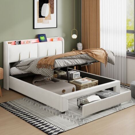 Cama con almacenamiento para adulto 160x200cm en terciopelo, Cama doble con cofre de almacenamiento y cajón, Cabecera con luz LED y almacenamiento, Beige
