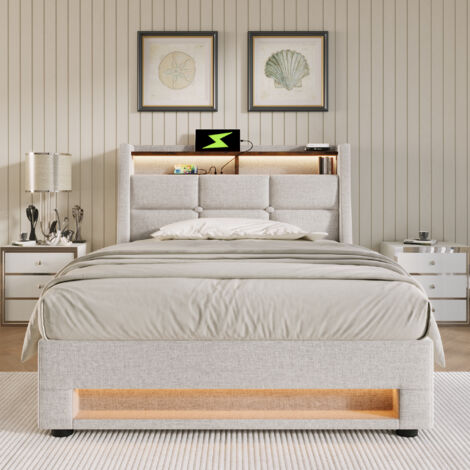 Cama con almacenamiento tapizada en lino beige claro 90x200 cm, con LED, 2 USB, somier de láminas y colchón