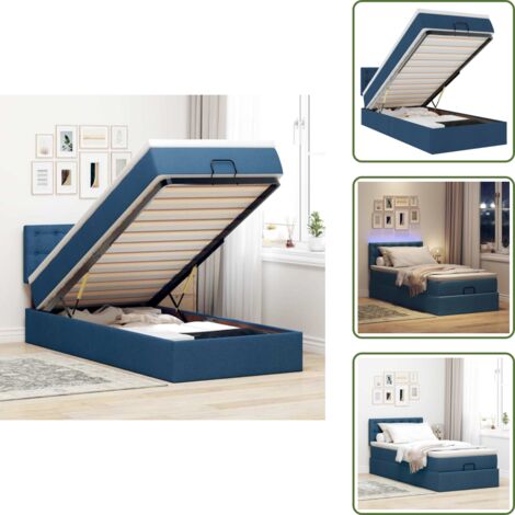 Cama con almacenamiento - vidaXL Cama otomana con colchón y luces LED azul 90x200 cm Tela - Cama con mecanismo hidráulico