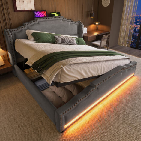 Cama con Arcón 140×200 cm, Cama Doble con Almacenaje Hidráulico, LED Regulable y USB y Tipo C, sin Colchón, Terciopelo, Gris