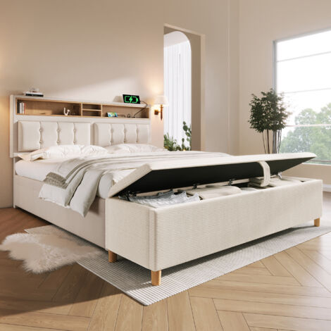 Cama con Arcón 140×200 cm, Cama Doble con USB, Tipo C, 2 Enchufes, Cabecero Ajustable y Banqueta, sin Colchón, Beige