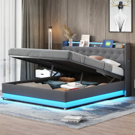 Cama con Arcón 160×200 cm, Cama Doble con LED Multicolor, USB y Tipo C, sin Colchón, Tapizada, Gris