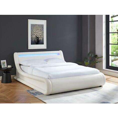 Cama con arcón IRIS - 160x200cm - Piel sintética blanca con LEDs - Venta-unica - Blanco