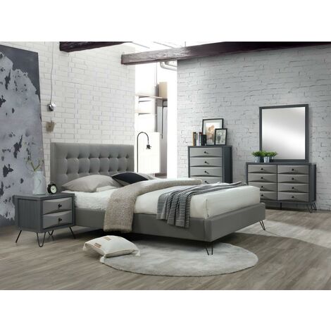Cama con cabecero acolchado y patas de metal COSTANZA - Tela - 160x200 cm - Gris - Venta-unica - Gris