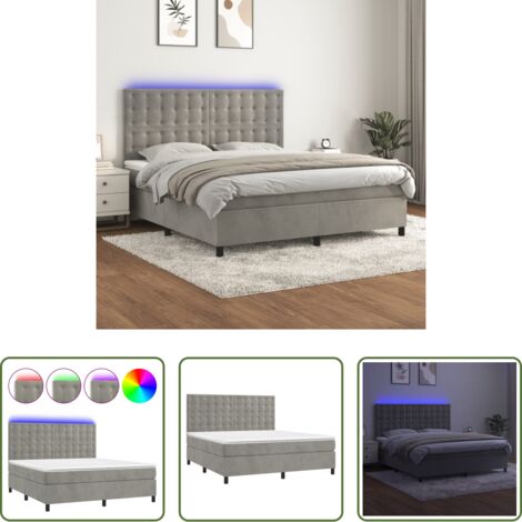 Cama con cabecero ajustable -  Cama box spring colchón y LED terciopelo gris claro 180x200 cm