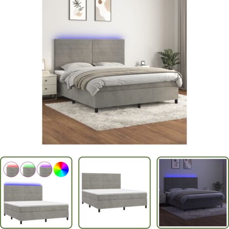 Cama con cabecero ajustable -  Cama box spring colchón y LED terciopelo gris claro 180x200 cm