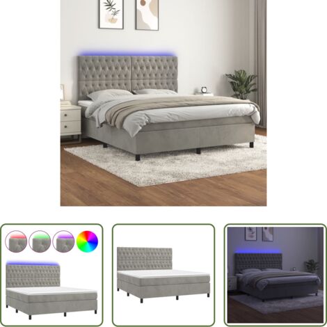 Cama con cabecero ajustable -  Cama box spring colchón y LED terciopelo gris claro 180x200 cm