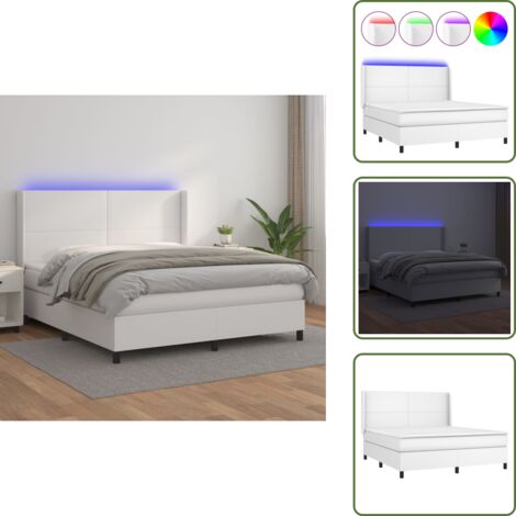 Cama con cabecero ajustable - vidaXL Cama box spring colchón y LED cuero sintético blanco 180x200 cm - Luz LED de colores