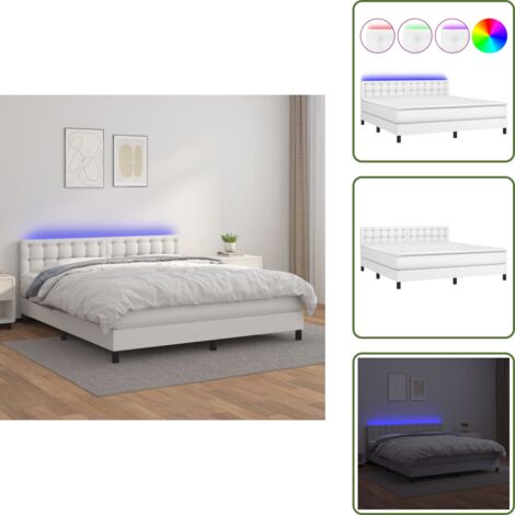 Cama con cabecero ajustable - vidaXL Cama box spring colchón y LED cuero sintético blanco 180x200 cm - Tira LED