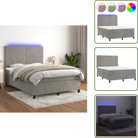 Cama con cabecero ajustable - vidaXL Cama box spring colchón y LED terciopelo gris claro 140x200 cm - Cama con luz LED