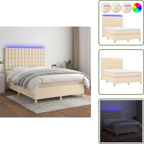 Cama con cabecero ajustable - vidaXL Cama box spring colchón y luces LED tela crema 140x190 cm - Cama con tira LED