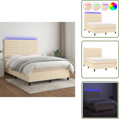 Cama con cabecero ajustable - vidaXL Cama box spring colchón y luces LED tela crema 140x190 cm - Cama con tira LED