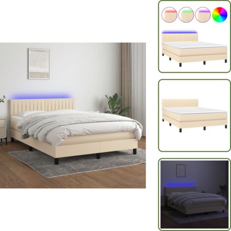 Cama con cabecero ajustable - vidaXL Cama box spring colchón y luces LED tela crema 140x200 cm - Cama con muelles ensacados