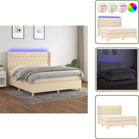 Cama con cabecero ajustable - vidaXL Cama box spring colchón y luces LED tela crema 180x200 cm - Cama con tira LED