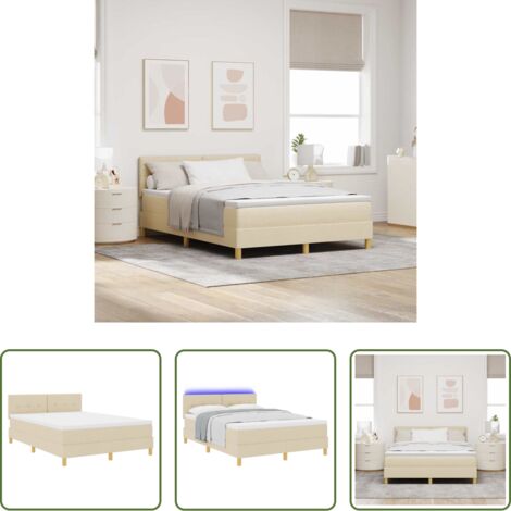 Cama con cabecero -  Cama Box Spring LED con colchón con LED Crema 160 x 200 cm tela