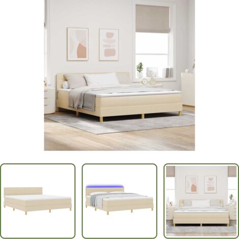 Cama con cabecero -  Cama Box Spring LED con colchón con LED Crema 180 x 200 cm tela