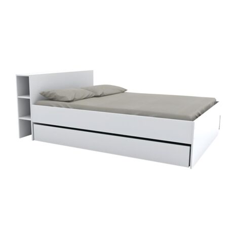 Cama con cabecero compartimentos y cajones - 140x190 cm - Blanco - EUGENE