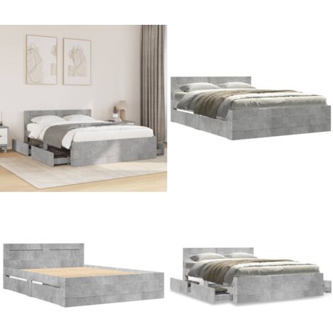 Cama con cabecero madera de ingeniería gris hormigón 140x200 cm - Madera de ingeniería - Somier de láminas