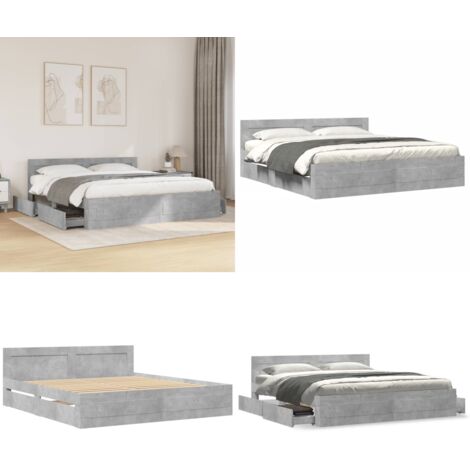 Cama con cabecero madera de ingeniería gris hormigón 180x200 cm - Madera de ingeniería - Somier de láminas