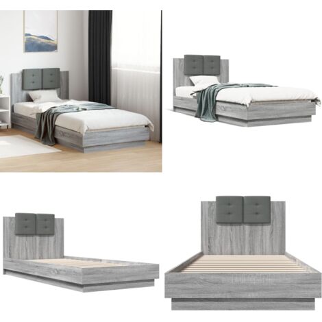 Cama con cabecero madera de ingeniería gris Sonoma 100x200 cm - Madera de ingeniería - Cama gris Sonoma