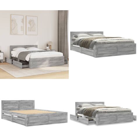 Cama con cabecero madera de ingeniería gris Sonoma 120x190 cm - Madera de ingeniería - Somier de láminas