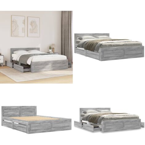 Cama con cabecero madera de ingeniería gris Sonoma 140x200 cm - Madera de ingeniería - Somier de láminas