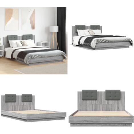 Cama con cabecero madera de ingeniería gris Sonoma 150x200 cm - Madera de ingeniería - Cama gris Sonoma