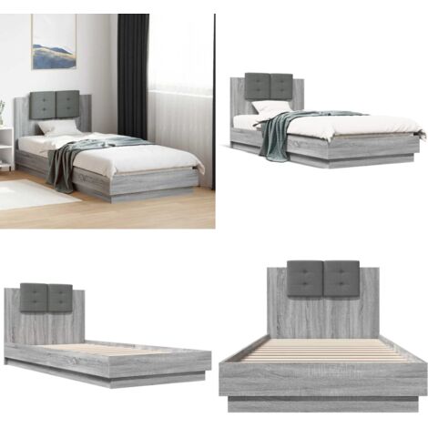 Cama con cabecero madera de ingeniería gris Sonoma 90x200 cm - Madera de ingeniería - Cama gris Sonoma